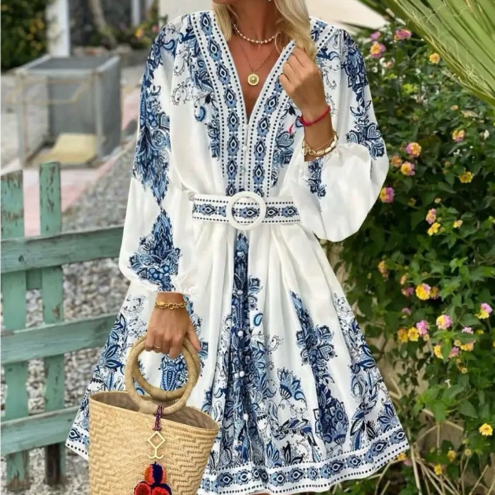 Blue and White Plunge Neck Bishop Sleeve Sundress